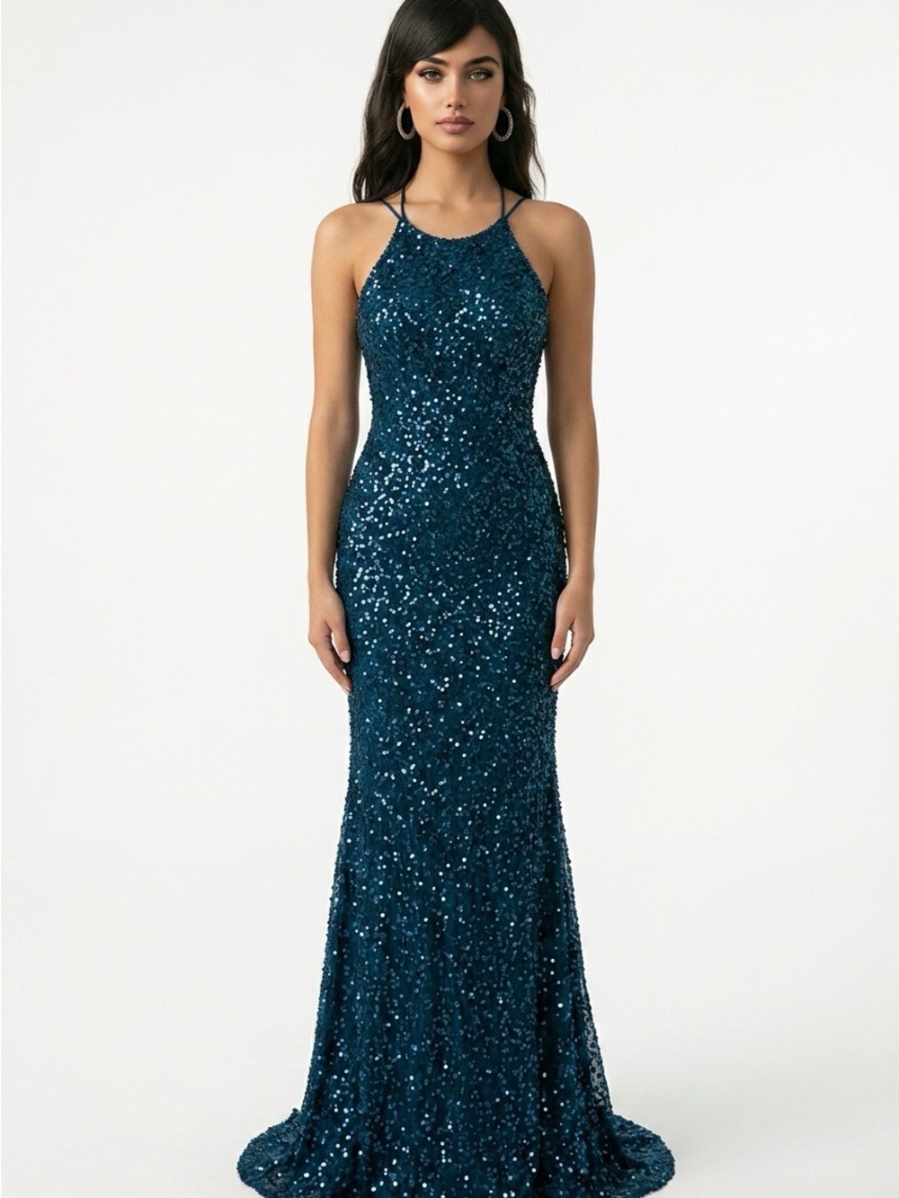 Adrianna Papell Deep Teal Sequin Halter Gown